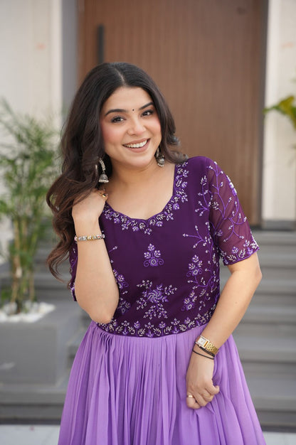Designer Blue & Purple Gown with Embroidery & Floral Digital Print