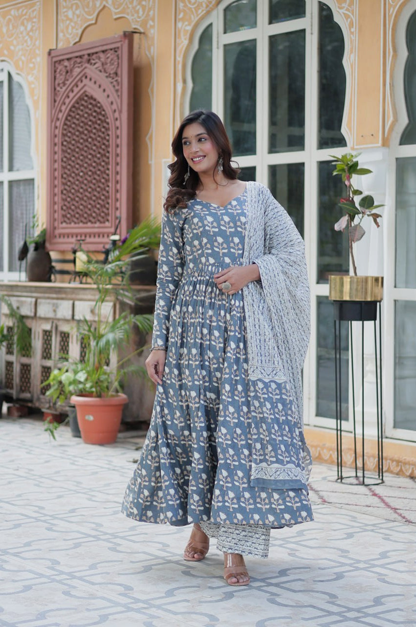 Pure Cotton Kurti Pant Dupatta Set | Gray & Orange | Ethnic Charm