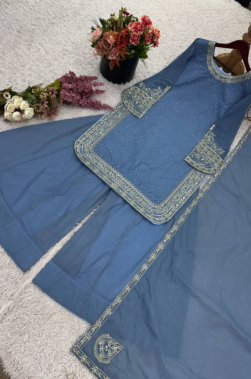 Faux Georgette Designer Sharara Suit with 5mm Sequins Embroidery – Fully Stitched Top, Sharara & Dupatta Set