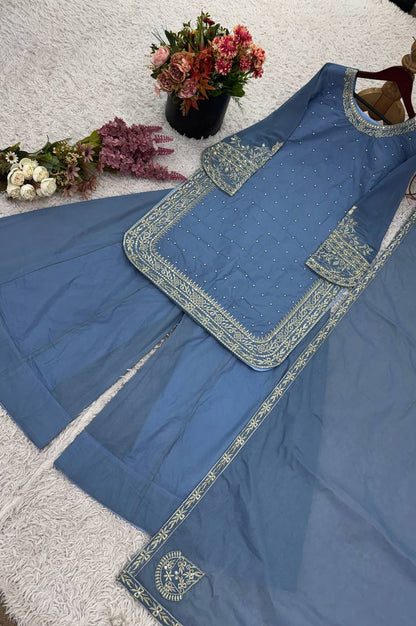 Faux Georgette Designer Sharara Suit with 5mm Sequins Embroidery – Fully Stitched Top, Sharara & Dupatta Set