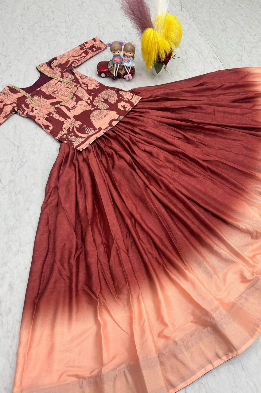 Maroon Chinon Lehenga with Kalamkari Crop Top & Jacket