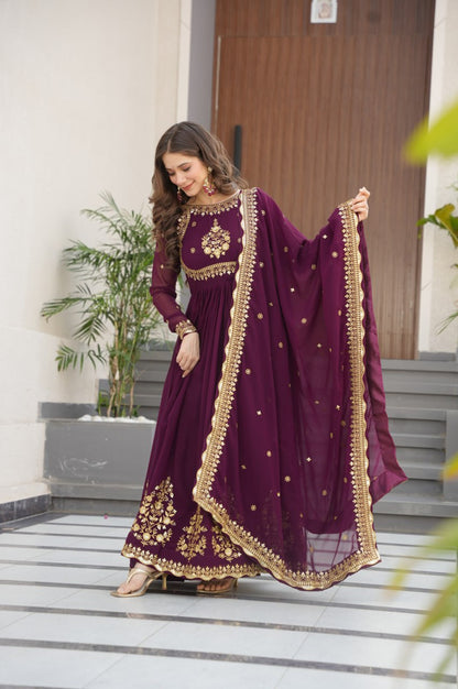 Green & Purple Premium Zari Embroidered Gown with Dupatta