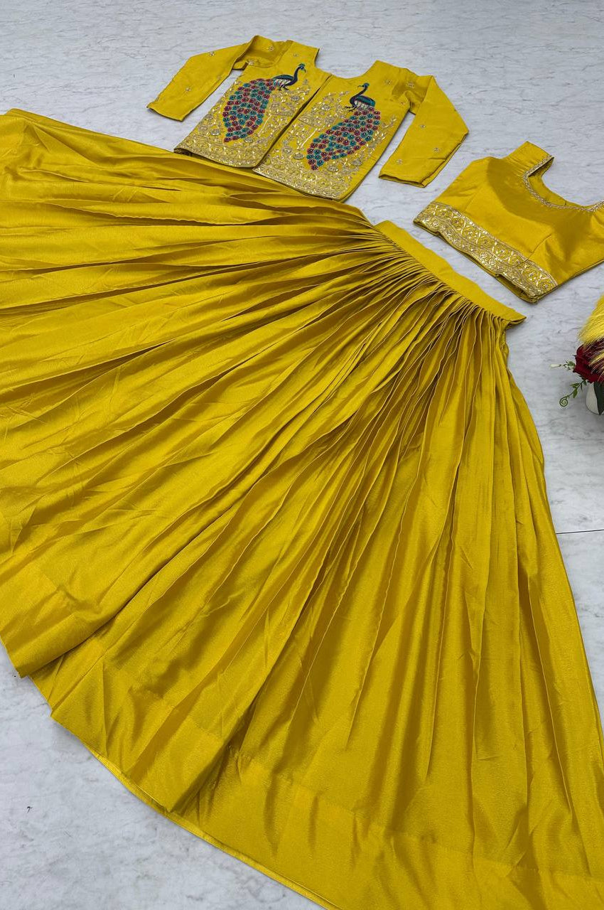 Chinon Lehenga with Heavy Embroidered Crop Top & Jacket