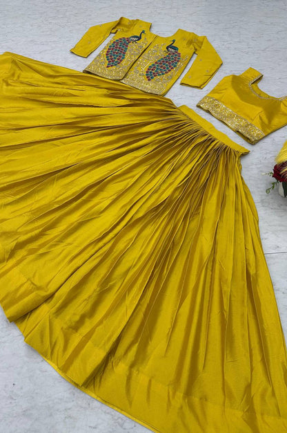 Chinon Lehenga with Heavy Embroidered Crop Top & Jacket