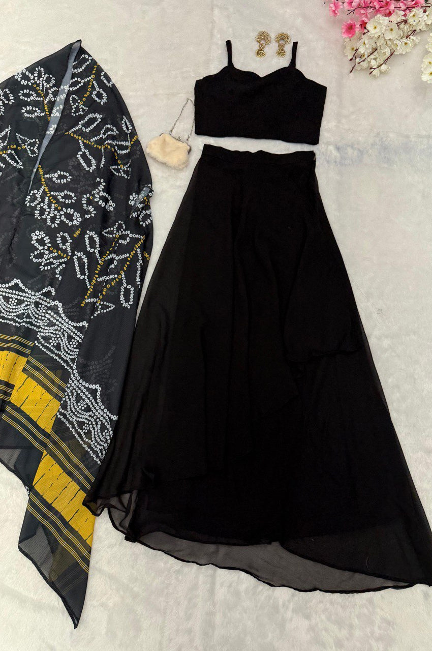 Black Indo-Western Drape Skirt Set with Embroidered Blouse & Shrug