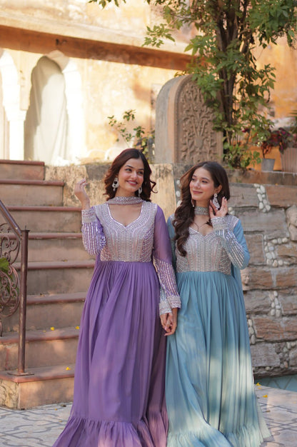 Elegant Star Georgette Gown with Beads + Dupatta | Sky Blue & Purple