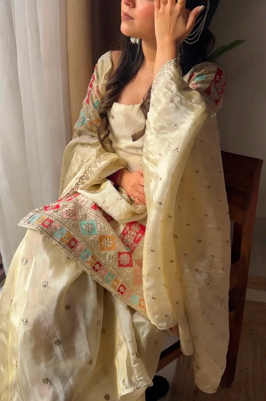 Cream Chinon Silk Embroidered Gharara Suit Set with Dupatta