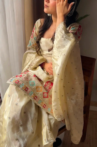 Cream Chinon Silk Embroidered Gharara Suit Set with Dupatta