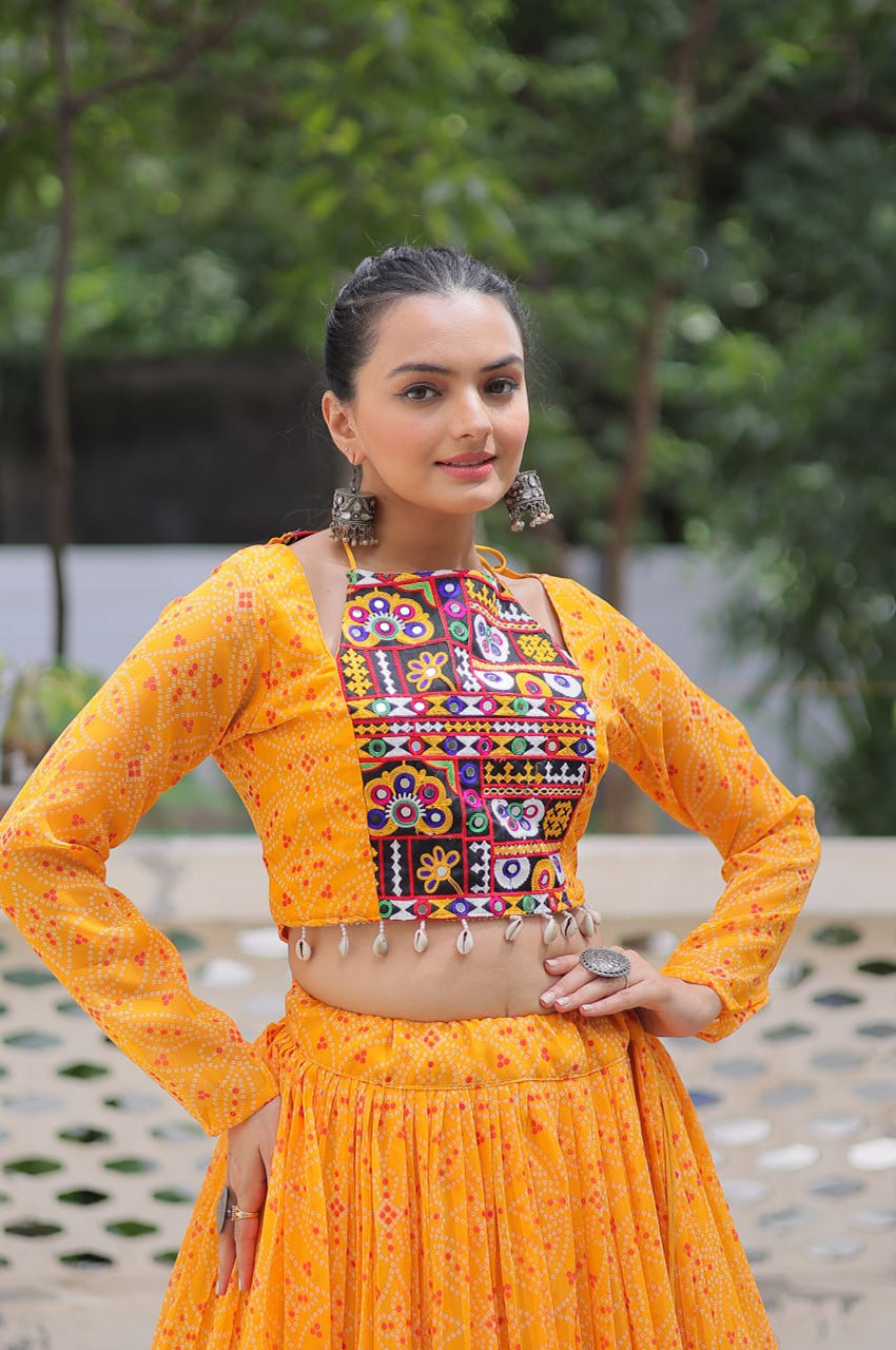 Bandhej Print Navratri Lehenga Choli with Gamthi Embroidery & Gotta Patti Lace – 12 Meter Flair (Fully Stitched)