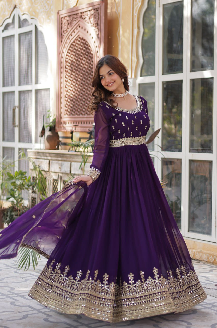 Maroon & Purple Faux Embroidered Gown with Dupatta – Regal Edition