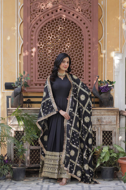 Black & Maroon Star  Gown with Dupatta – Ready-to-Wear Collection