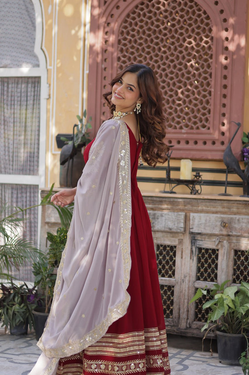 Maroon Designer Gown Set with Zari Sequin Embroidery & Faux Dupatta