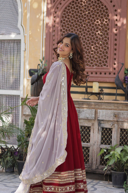 Maroon Designer Gown Set with Zari Sequin Embroidery & Faux Dupatta