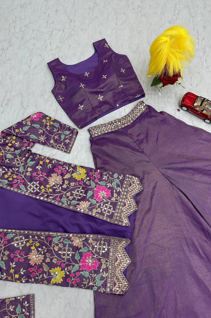 Violet Red & Violet Choli with Embroidered Shrug & Plazzo