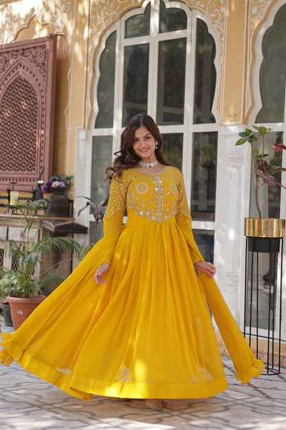 Yellow & Red Faux Blooming Designer Gown with Dupatta