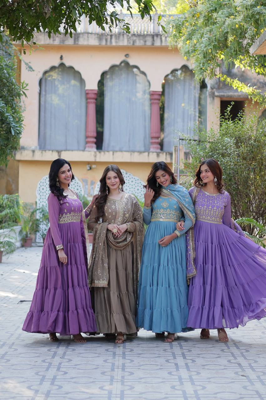 Premium Star Georgette Heavy Flair Gown with Embroidered Dupatta