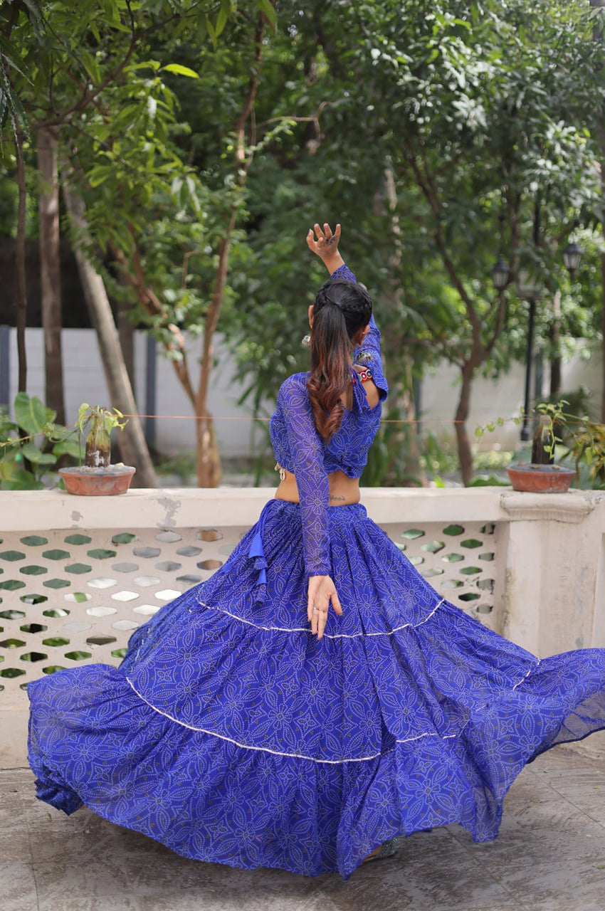 Bandhej Print Navratri Lehenga Choli with Gamthi Embroidery & Gotta Patti Lace – 12 Meter Flair (Fully Stitched)