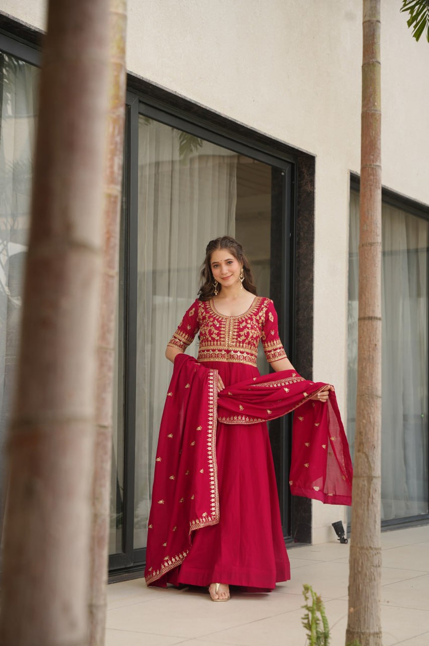 Premium Vichitra Silk Gown with Dupatta (Red & Purple Variants)