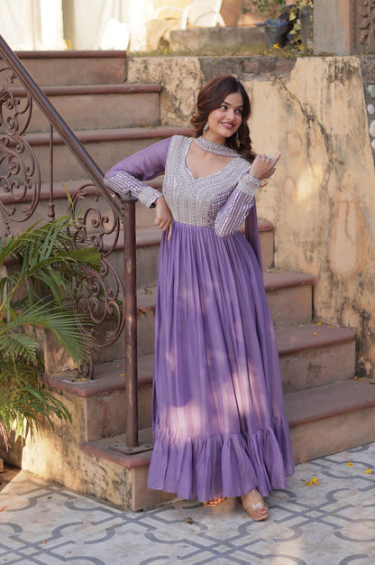 Elegant Star Georgette Gown with Beads + Dupatta | Sky Blue & Purple