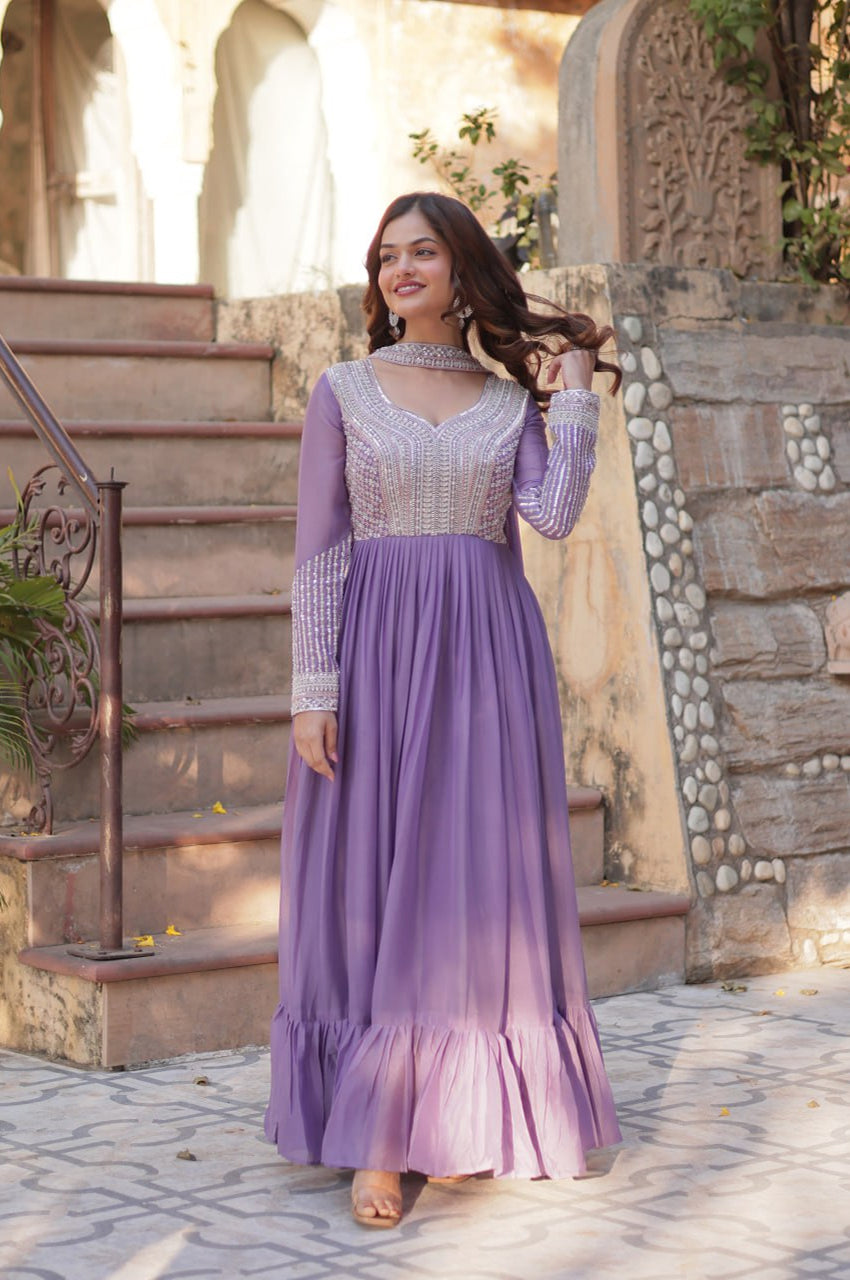 Elegant Star Georgette Gown with Beads + Dupatta | Sky Blue & Purple