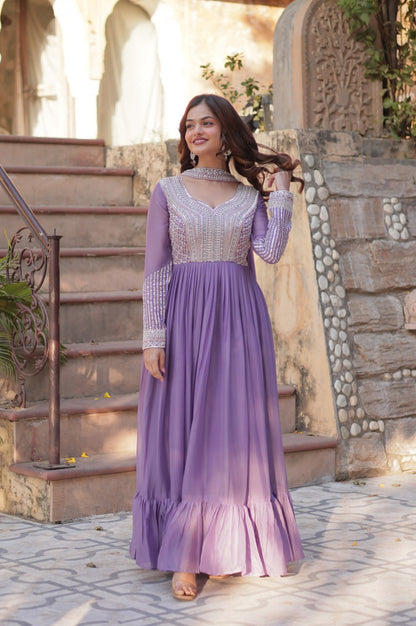 Elegant Star Georgette Gown with Beads + Dupatta | Sky Blue & Purple