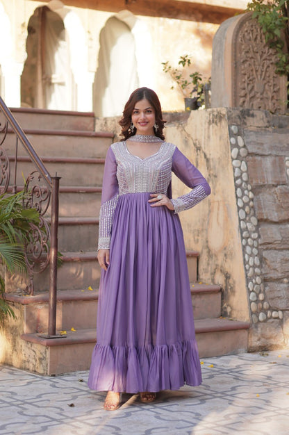 Elegant Star Georgette Gown with Beads + Dupatta | Sky Blue & Purple
