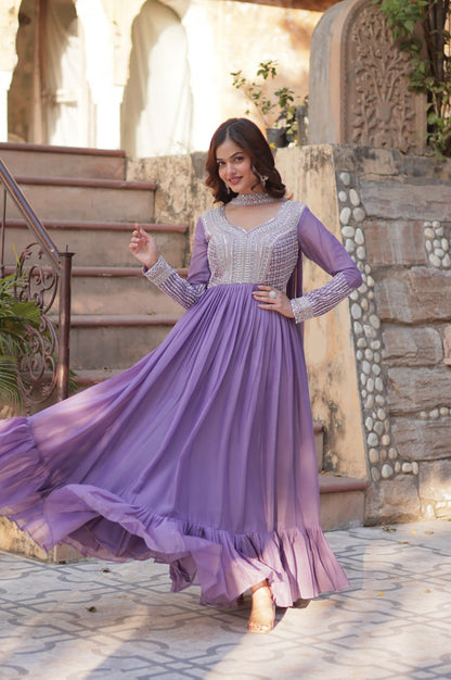 Elegant Star Georgette Gown with Beads + Dupatta | Sky Blue & Purple