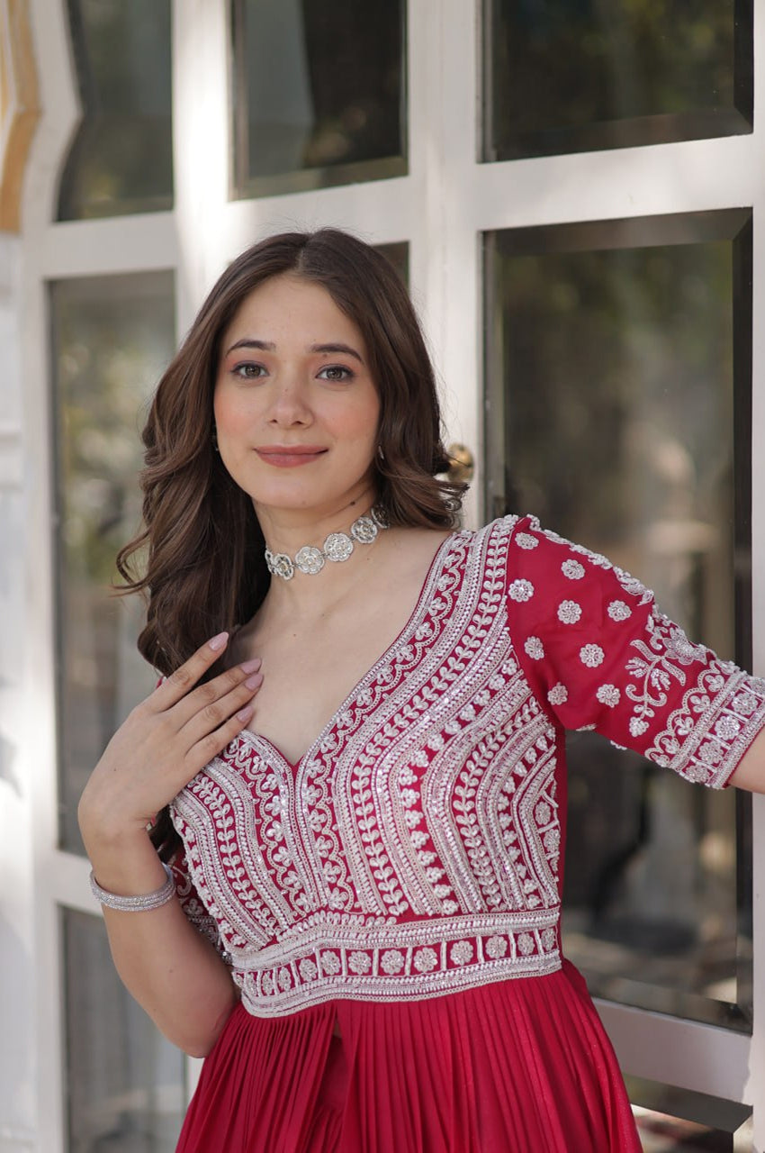 Slit-Cut Long Kurti with Lehenga Set | Purple & Red