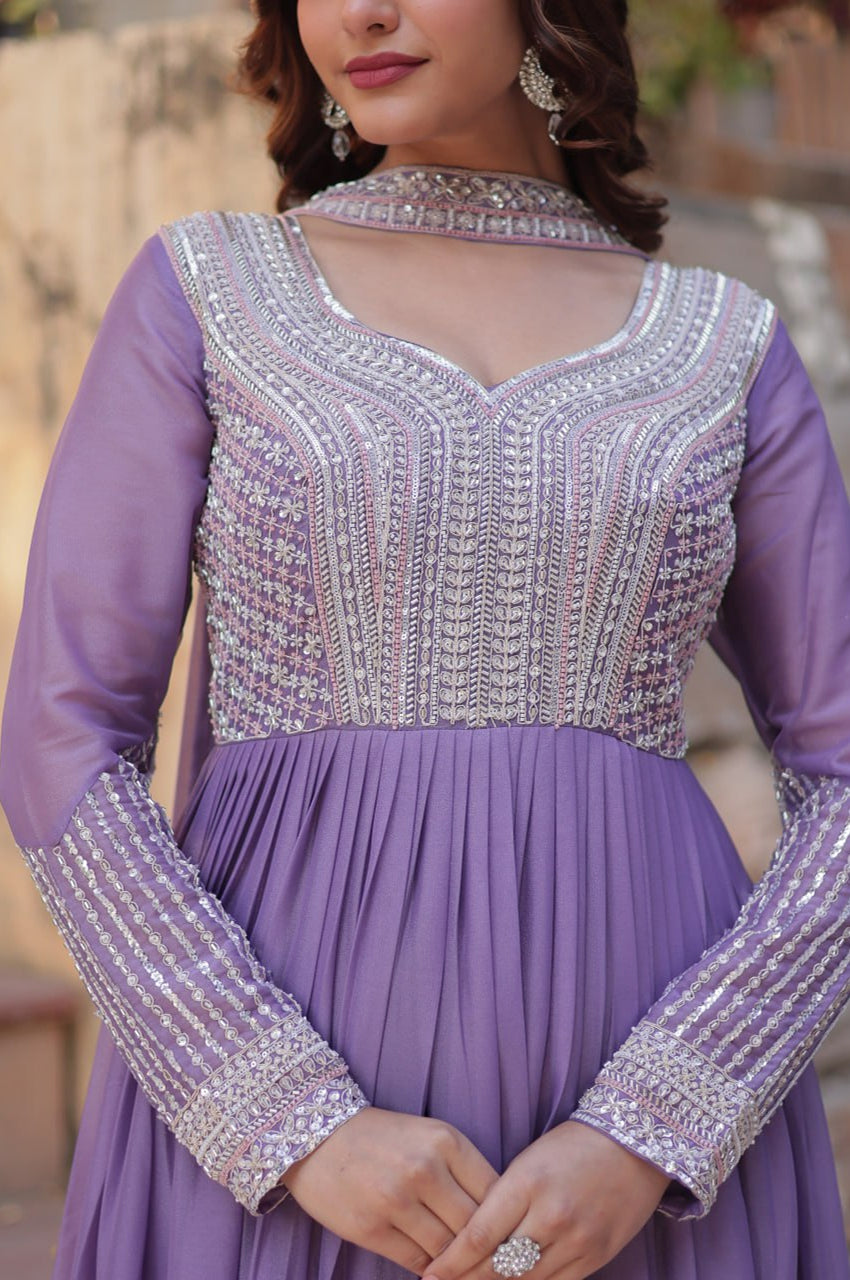 Elegant Star Georgette Gown with Beads + Dupatta | Sky Blue & Purple