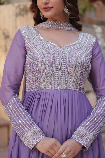 Elegant Star Georgette Gown with Beads + Dupatta | Sky Blue & Purple