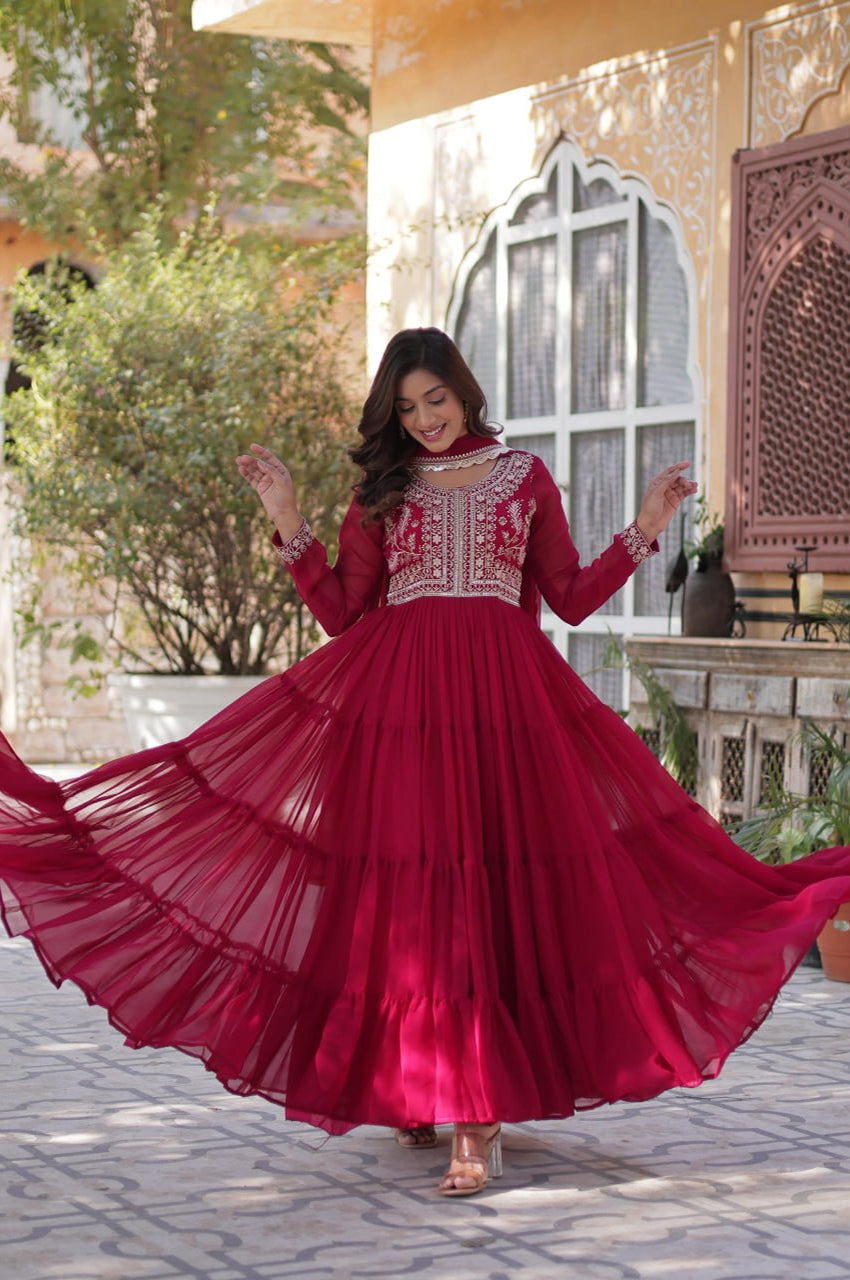 Premium Faux Blooming Gown with Pearl Embroidery & Dupatta (Red)