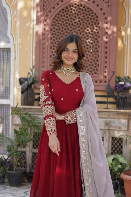 Maroon Designer Gown Set with Zari Sequin Embroidery & Faux Dupatta