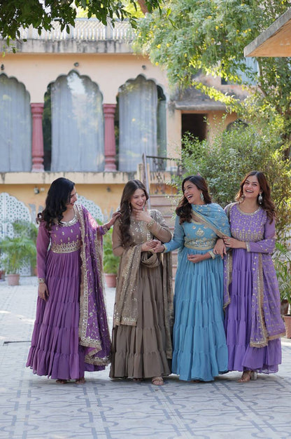 Premium Star Georgette Heavy Flair Gown with Embroidered Dupatta