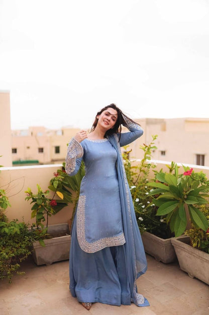 Faux Georgette Designer Sharara Suit with 5mm Sequins Embroidery – Fully Stitched Top, Sharara & Dupatta Set