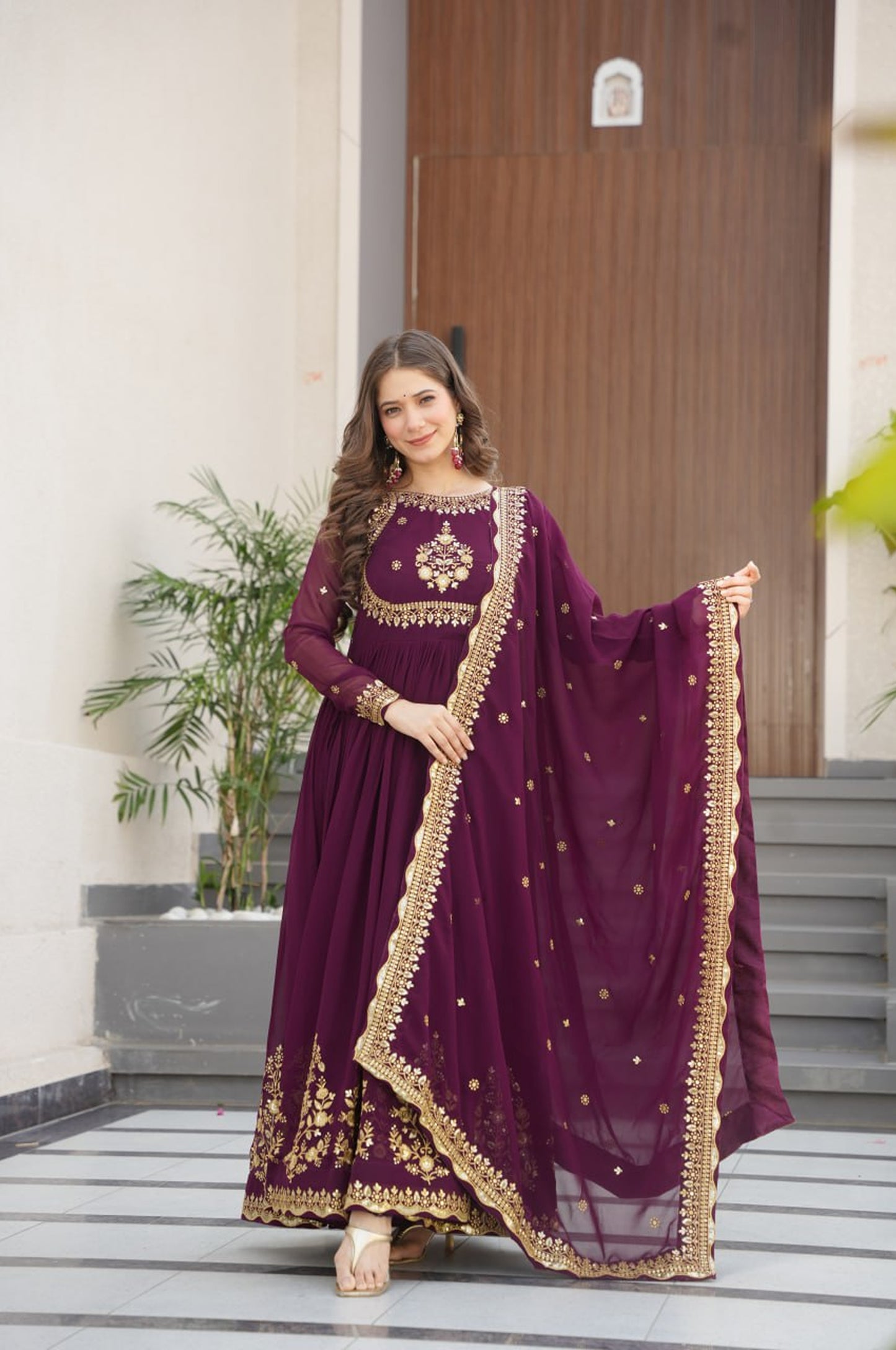 Green & Purple Premium Zari Embroidered Gown with Dupatta