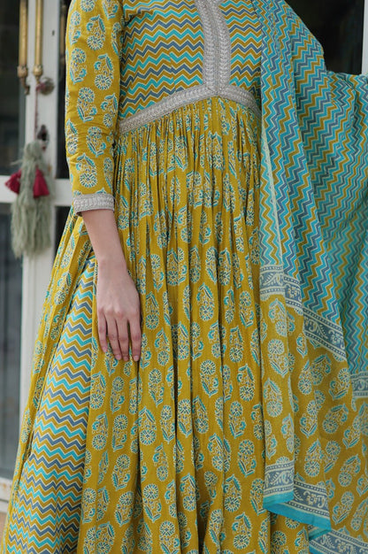 Pure Cotton Kurti Pant Dupatta Set | Coffee & Green | Ethnic Luxe