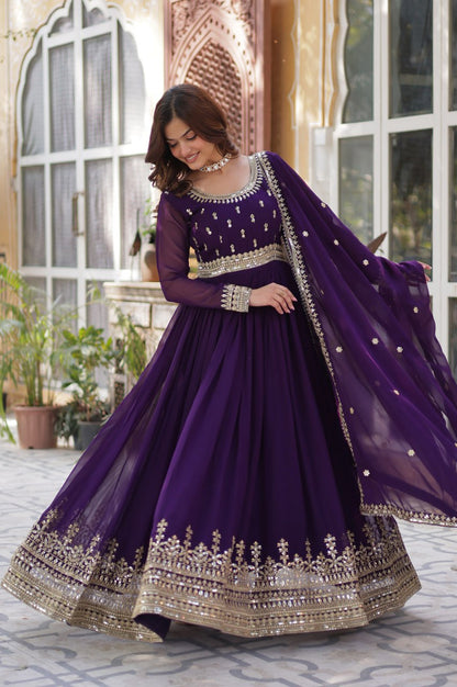 Maroon & Purple Faux Embroidered Gown with Dupatta – Regal Edition
