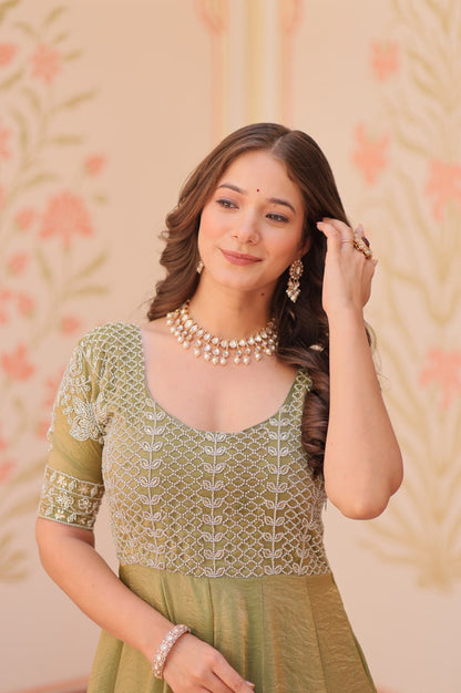 Blue & Green Beads Embroidered Fendy Gown