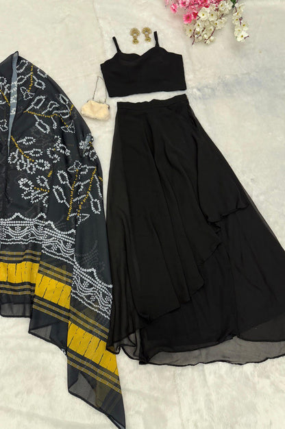 Black Indo-Western Drape Skirt Set with Embroidered Blouse & Shrug