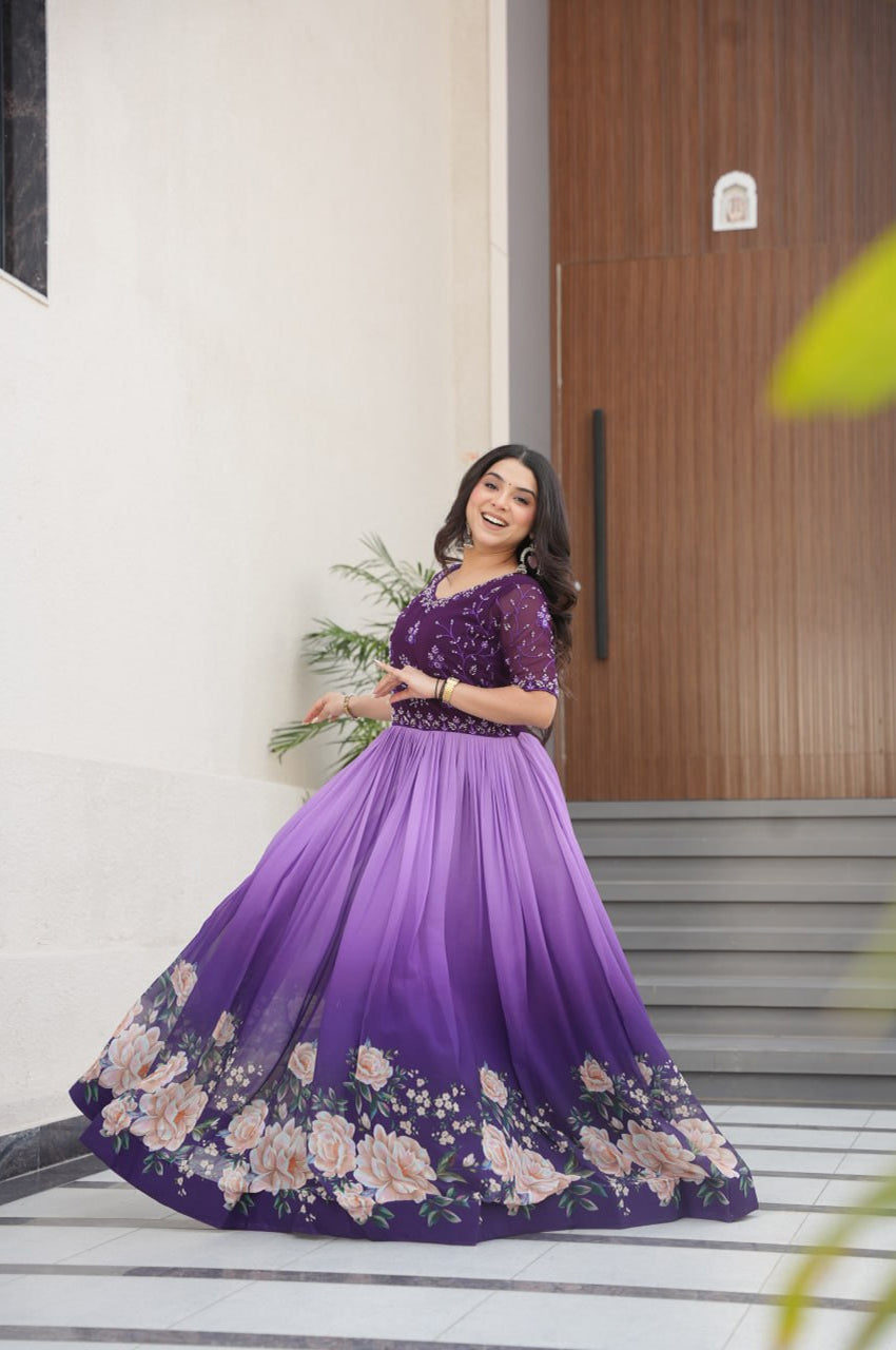 Designer Blue & Purple Gown with Embroidery & Floral Digital Print