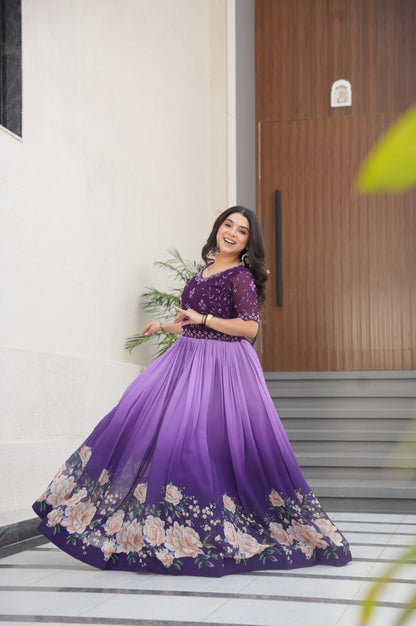 Designer Blue & Purple Gown with Embroidery & Floral Digital Print