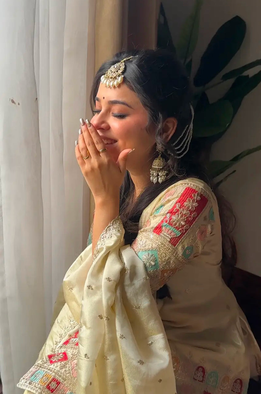 Cream Chinon Silk Embroidered Gharara Suit Set with Dupatta