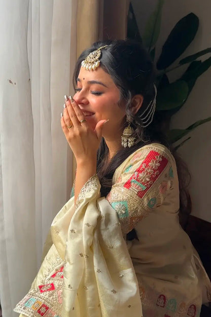 Cream Chinon Silk Embroidered Gharara Suit Set with Dupatta