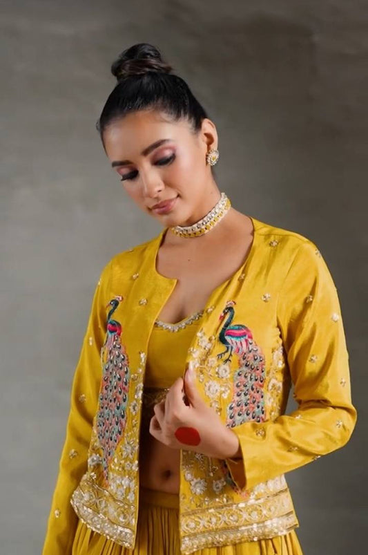 Chinon Lehenga with Heavy Embroidered Crop Top & Jacket