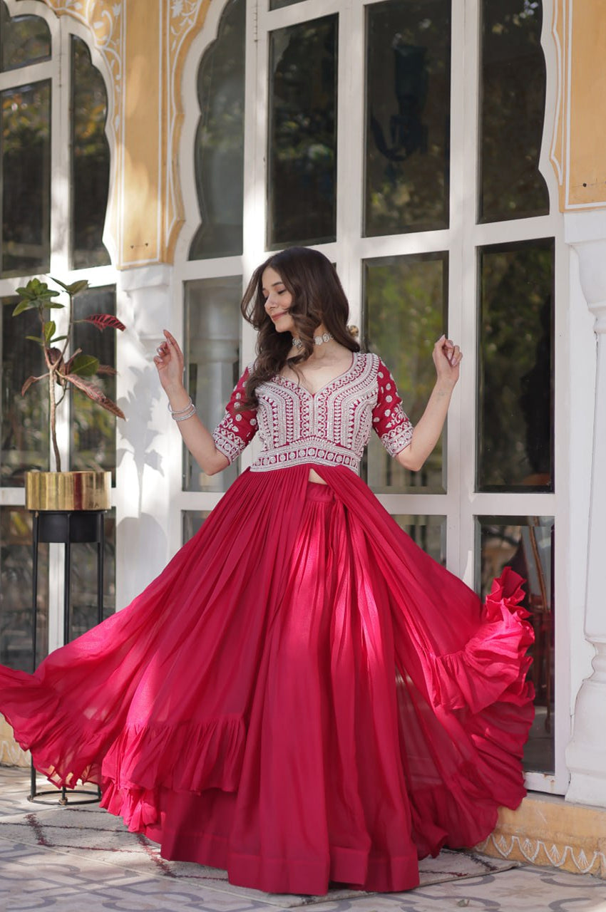 Slit-Cut Long Kurti with Lehenga Set | Purple & Red