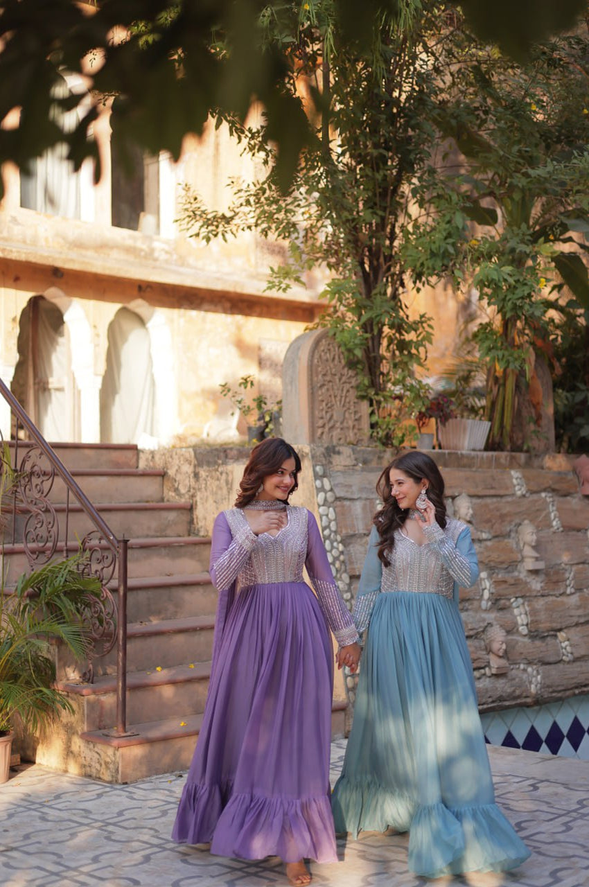 Elegant Star Georgette Gown with Beads + Dupatta | Sky Blue & Purple