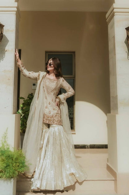 Embroidered Fox Georgette Sharara Suit with Moti Work Net Dupatta – Fully Stitched Elegance