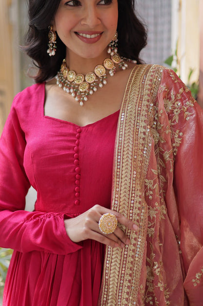 Rani Pink & Green Vichitra Gown with Dupatta – Festive Flair Edition