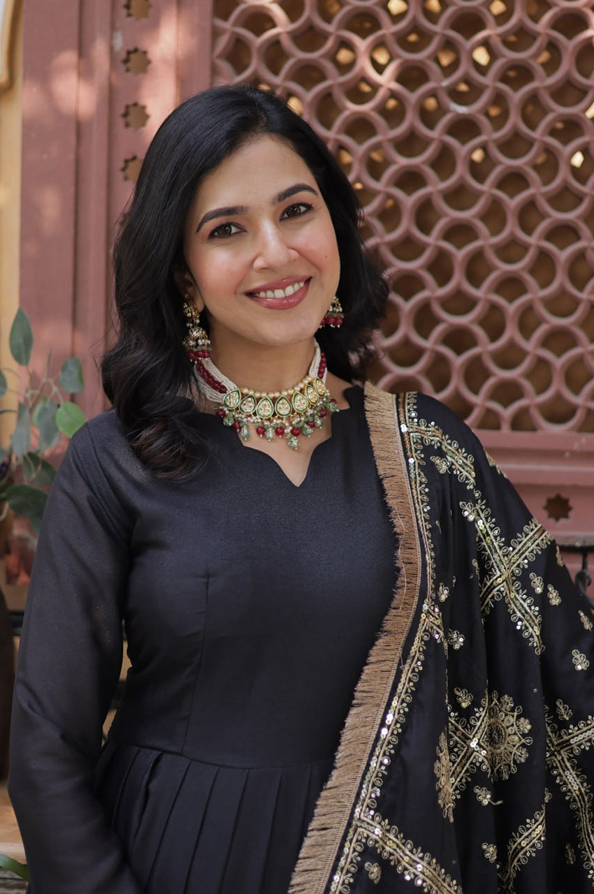 Black & Maroon Star  Gown with Dupatta – Ready-to-Wear Collection