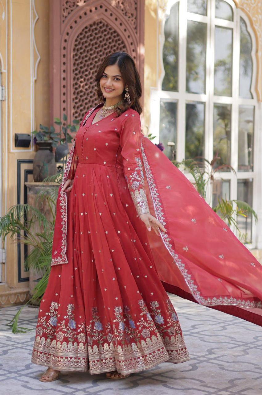 Viscose Cosmos Embroidered Gown Set | Red  | Elegant Festive Wear